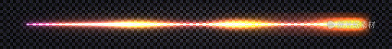 发光的激光束，带有闪电效果的霓虹灯棒，黄色和红色的尾迹和闪光爆炸。高科技未来射线线，隔离直管，电脉冲。矢量图