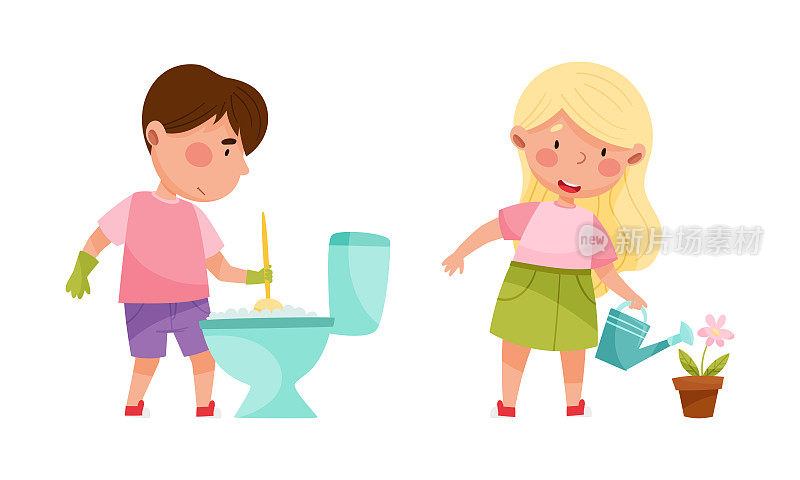 男孩用刷子刷抽水马桶，女孩浇花。孩子帮父母做家务，做家务的卡通矢量插图