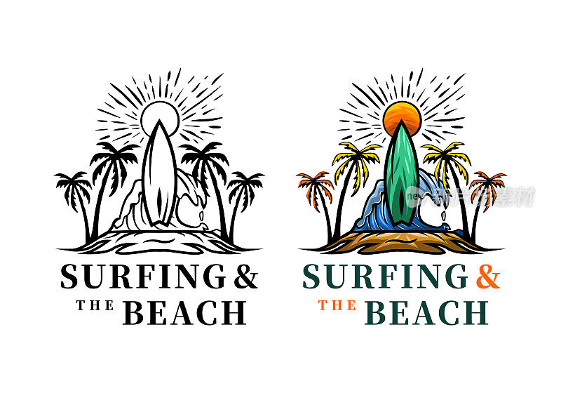 标志冲浪和海滩矢量插图模板适合任何行业