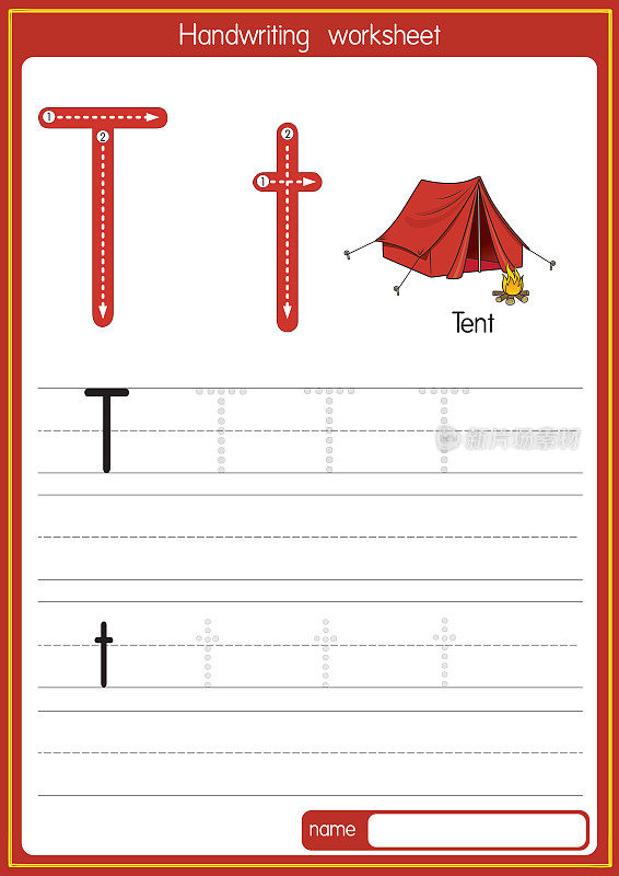 矢量说明帐篷与字母T大写字母或大写字母的儿童学习练习ABC