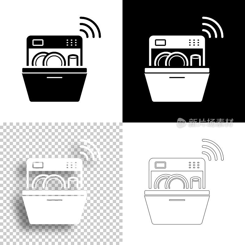 聪明的洗碗机。图标设计。空白，白色和黑色背景-线图标
