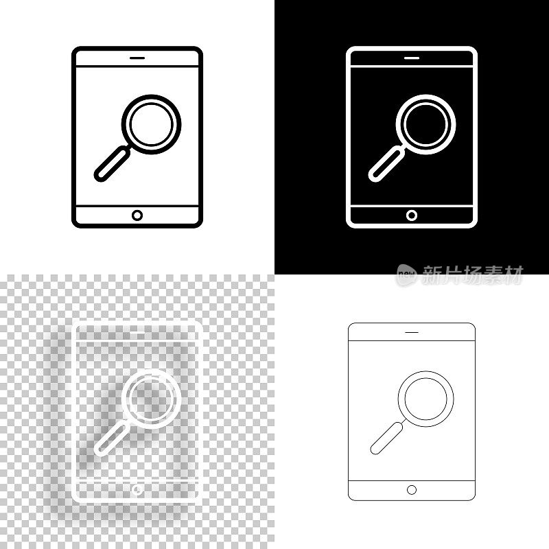 平板电脑上的放大镜。图标设计。空白，白色和黑色背景-线图标