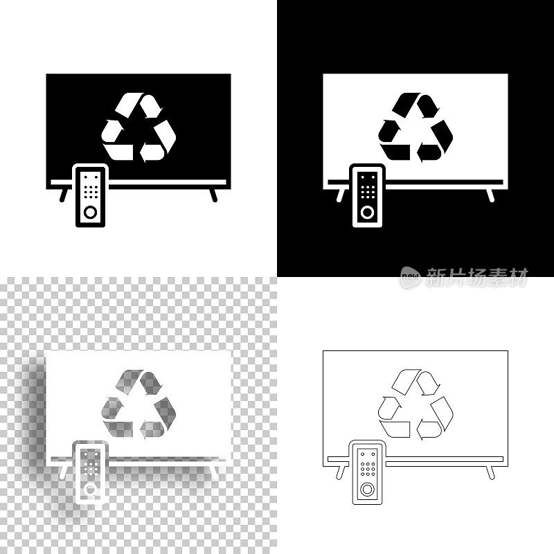 带有回收标志的电视。图标设计。空白，白色和黑色背景-线图标