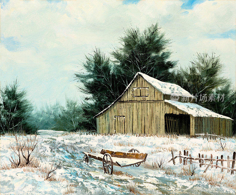 冬季风景与木车油画
