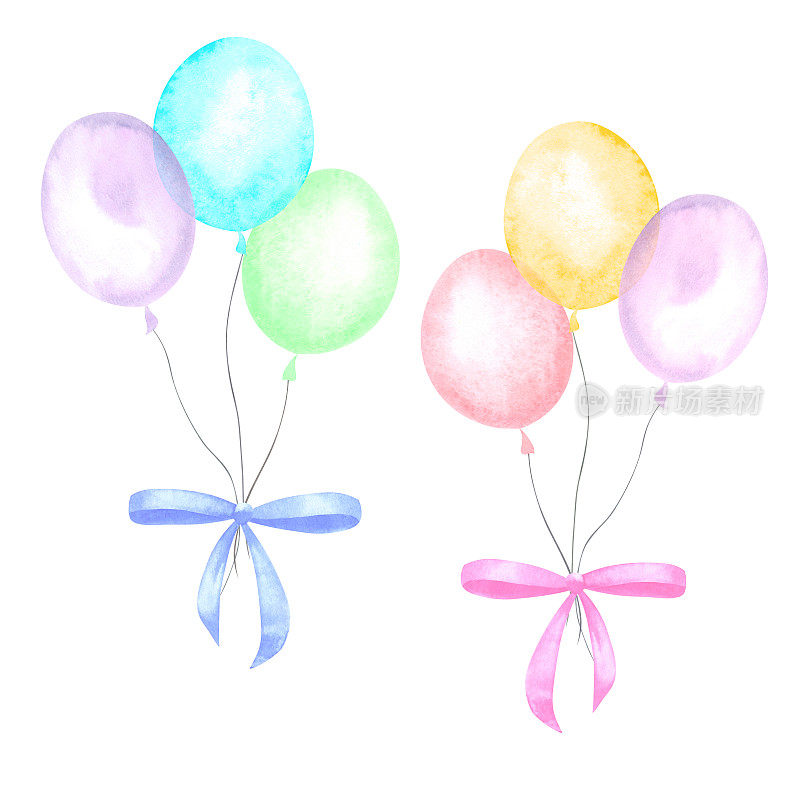 彩带气球一组带有彩带的彩色气球，用水彩画成，孤立在白色背景上
