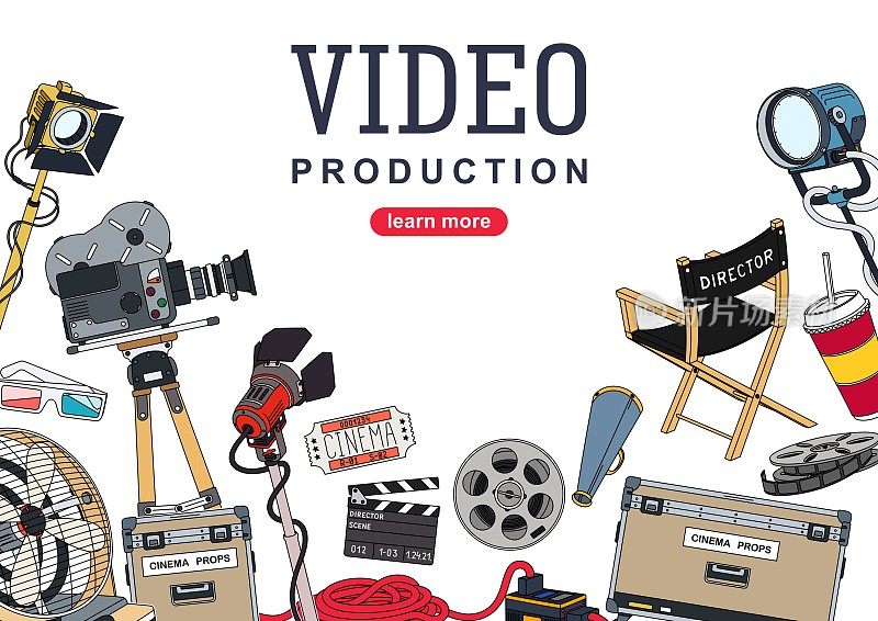视频制作。背景设计为电影制作和视频内容创作提供了一套设备和工具。矢量图
