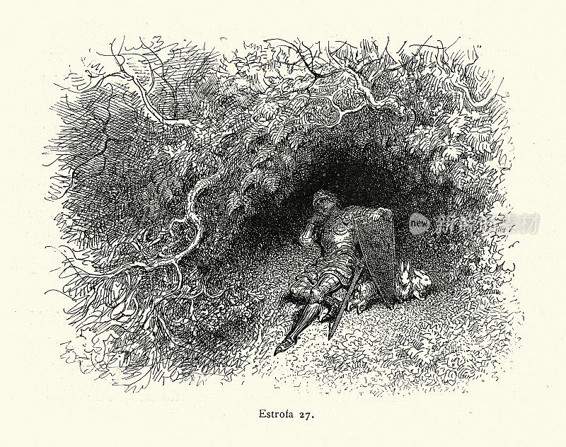 骑士坐在被兔子包围的树篱下，中世纪的幻想