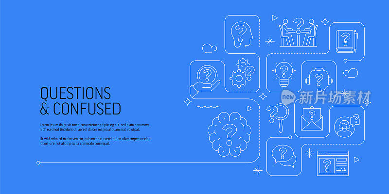 问题和困惑相关的矢量横幅设计概念，现代线条风格与图标