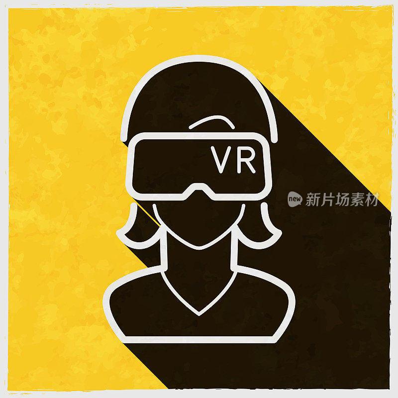 女人与VR头盔-虚拟现实。图标与长阴影的纹理黄色背景