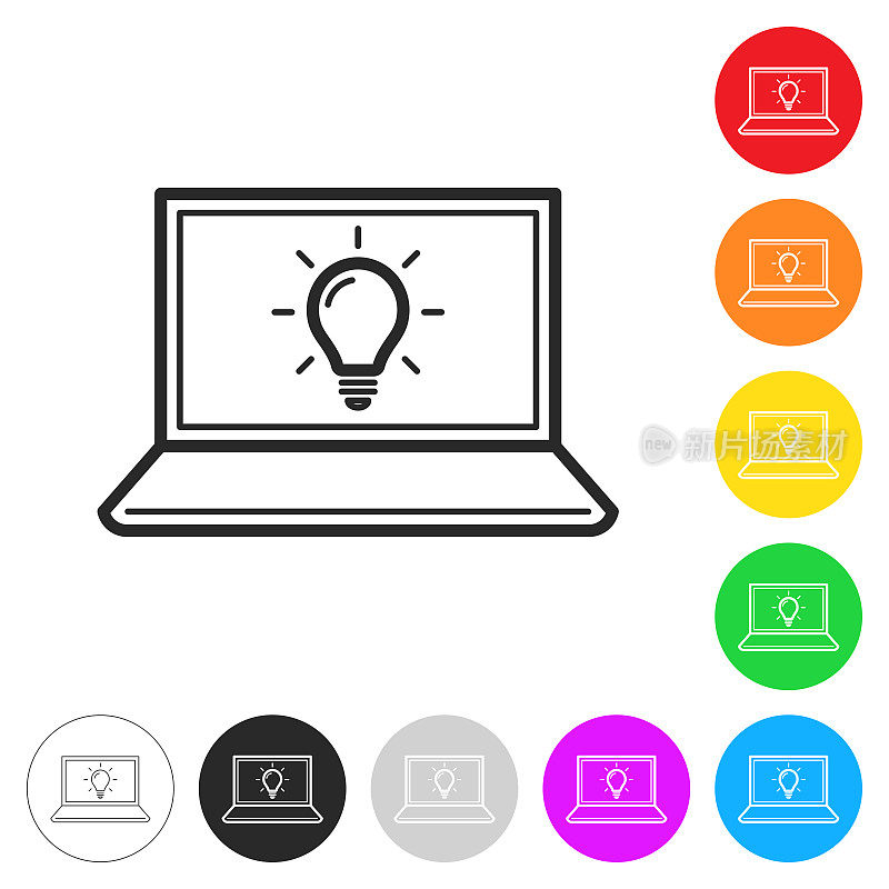 带灯泡的笔记本电脑。彩色按钮上的图标