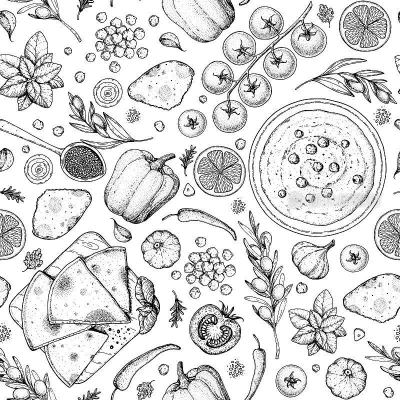 鹰嘴豆泥烹饪和鹰嘴豆泥的配料，素描插图。无缝图案中东美食框架。健康食品，设计元素。手绘、包装设计。地中海食物。素食菜单。