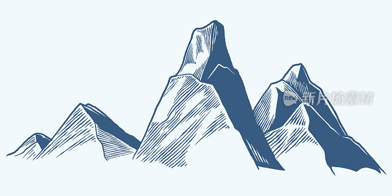 四手绘山地丘陵高原草图插图孤立在白色背景。
