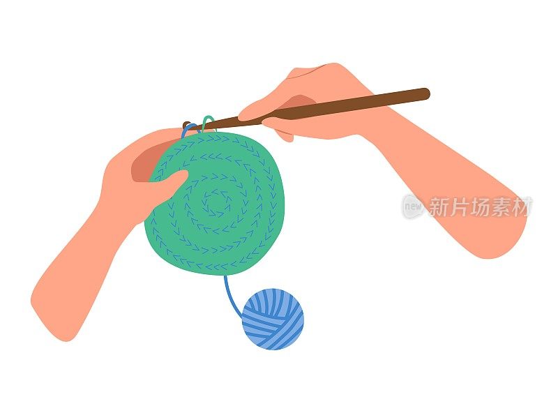 针织过程中，手工编织钩针。手工制作的概念。