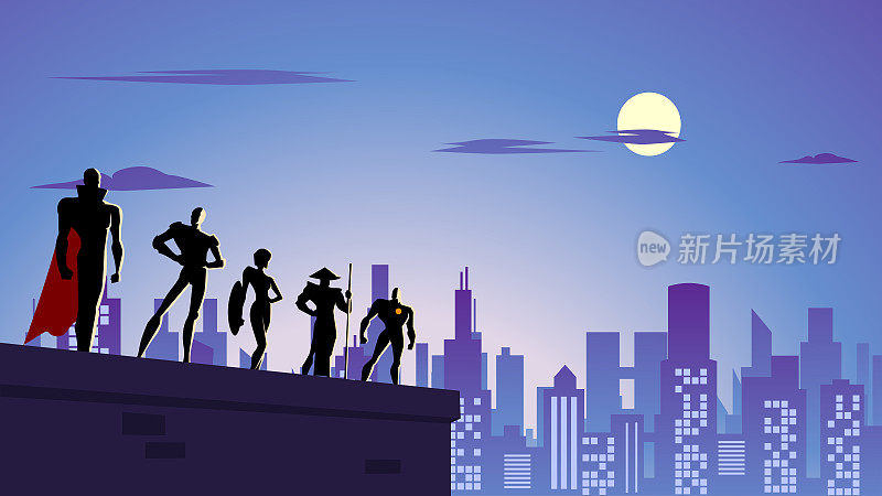 矢量超级英雄团队在城市剪影股票插图