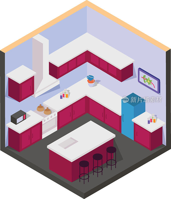 概念，小厨房或炊事房矢量色等距图标设计，紧凑的生活空间符号，室内装饰标志，低聚家庭办公室库存插图