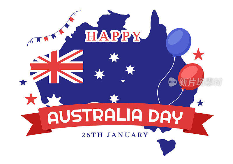 在每年的1月26日庆祝澳大利亚国庆日，用平面卡通手绘模板插图的旗帜和地图表达不同的民族