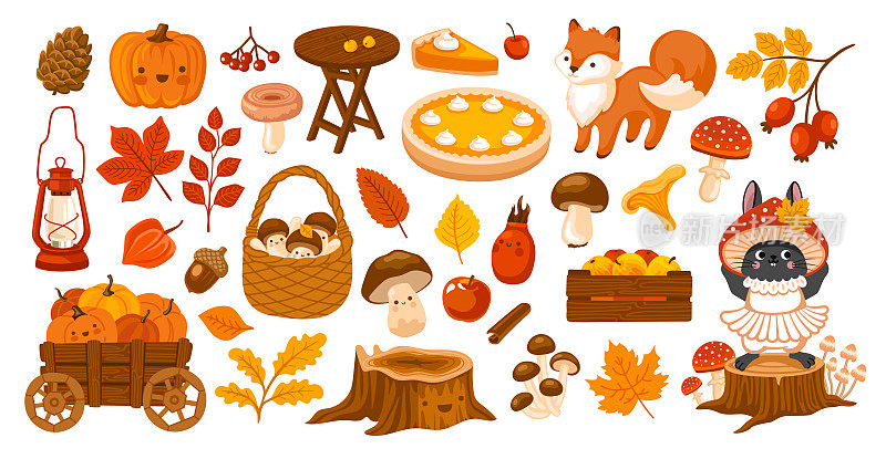 秋季森林园林收藏。秋季设计元素。南瓜，蘑菇，兔子，树叶。矢量平面插图。