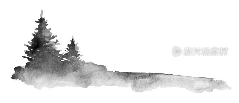 野林树木和高山雾手绘水墨。传统的东方水墨画，眉娥，宇仙，郭华。包含象形文字——幸福