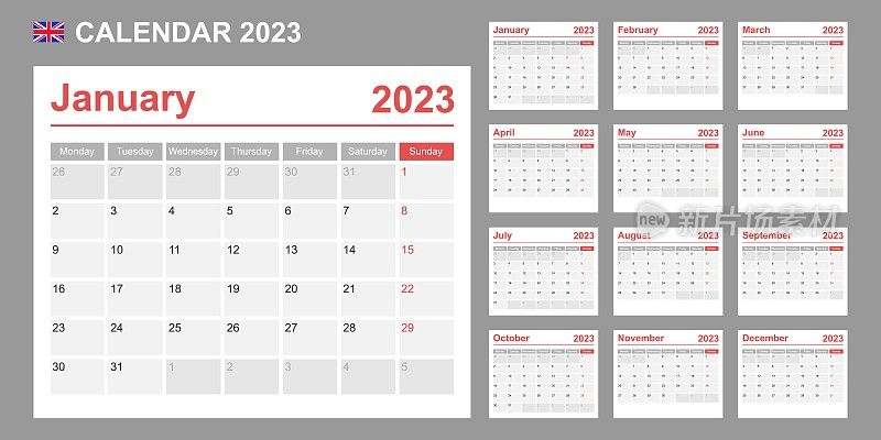 英国2023年的日历。一周从周一开始。简单的向量模板。业务设计计划。