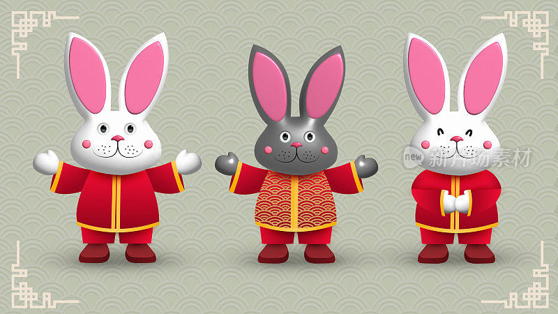 兔俑一套瓷器或有光泽的白色和灰色的兔俑兔子是2023年中国新年的象征。三维向量