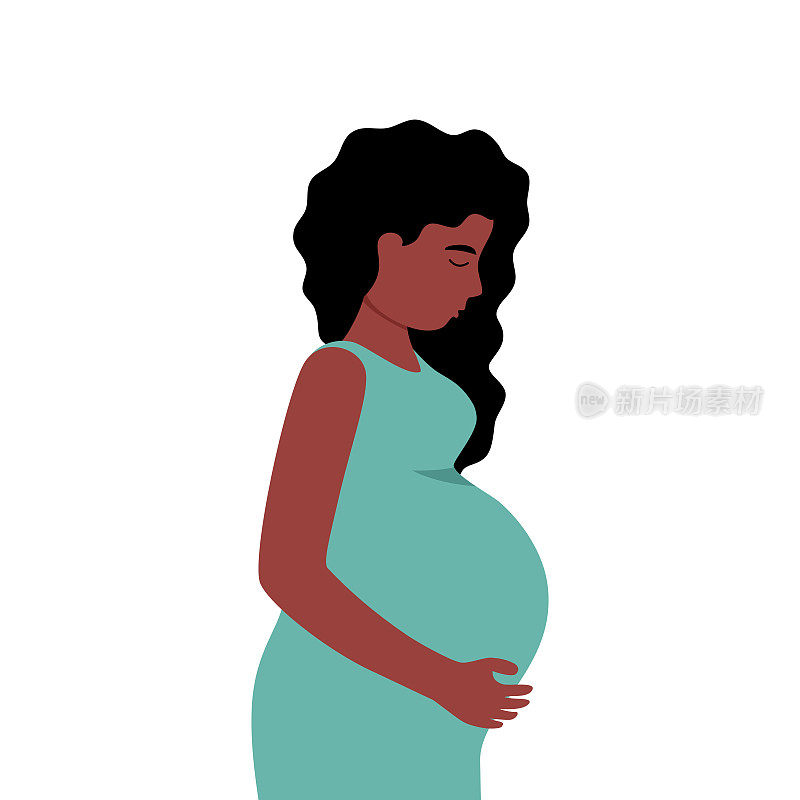 黑色孕妇与悲伤的脸在白色背景上的平面设计。
