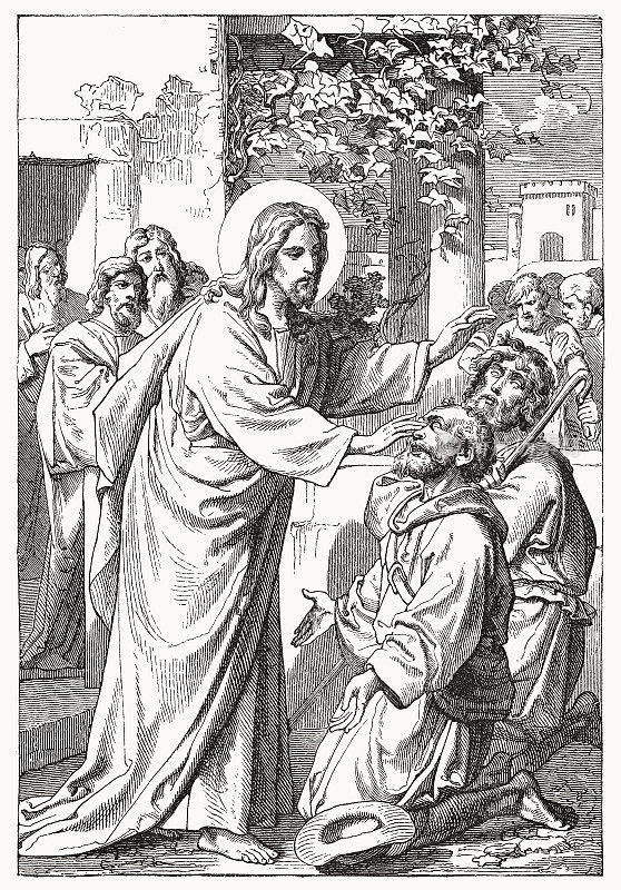 耶稣治愈两个盲人，木版画，出版于1894年