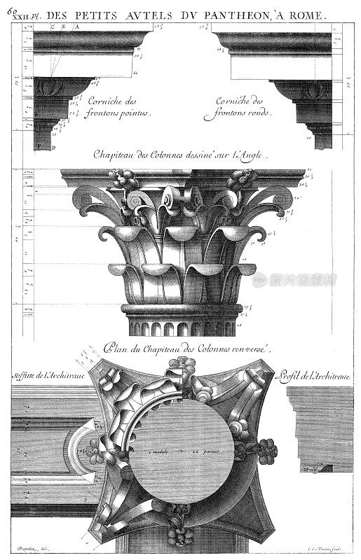 从罗马万神殿的小祭坛，首都的柱画上的角度计划的首都的柱倒置，由罗马古建筑1682年。