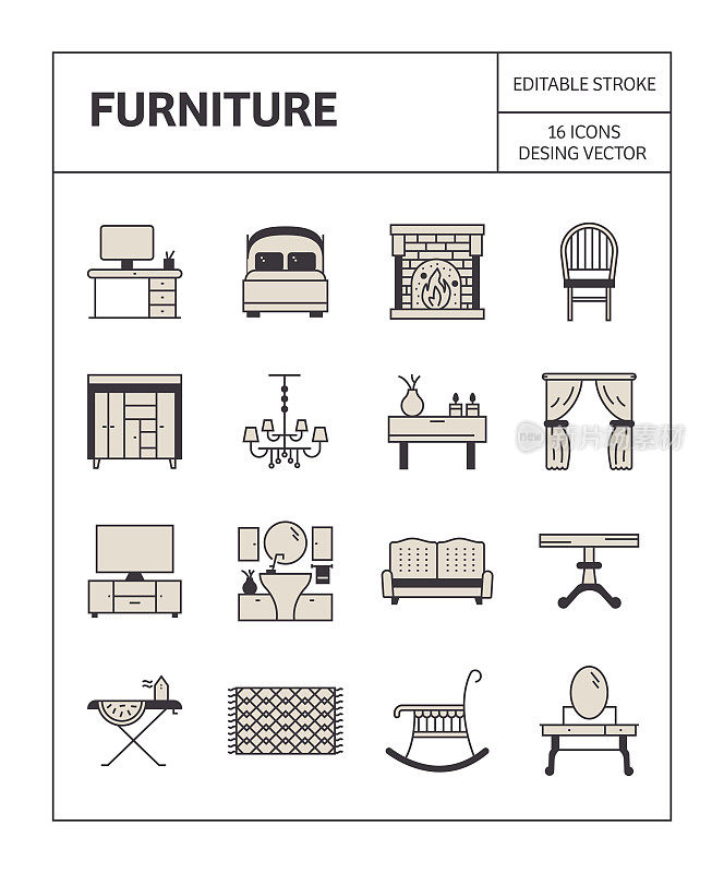 家具图标集简单的外观和丰富多彩的设计。