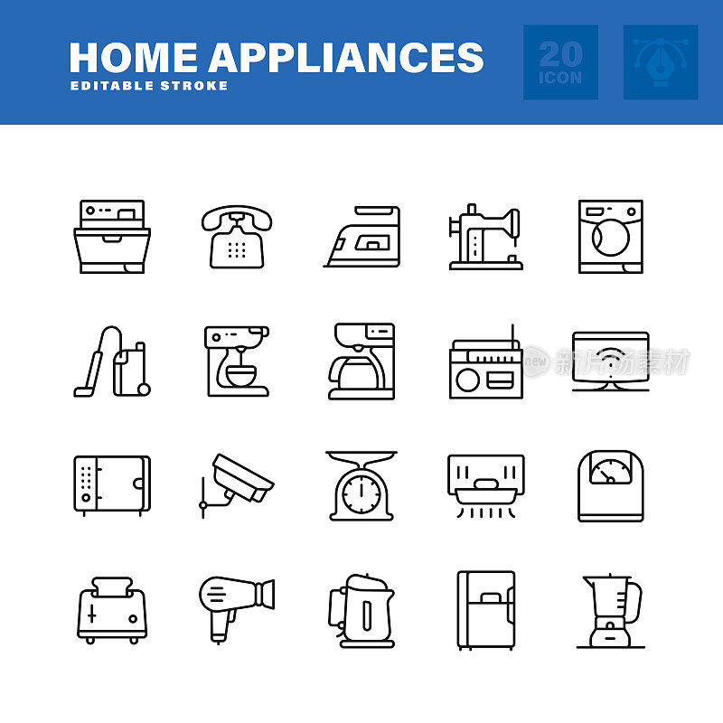 家用电器线路图标集。可编辑的中风。像素完美。