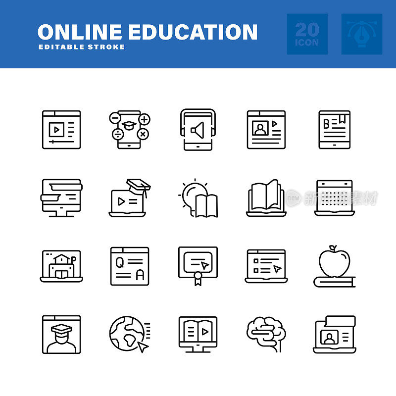 在线教育线路图标设置。可编辑的中风。像素完美。