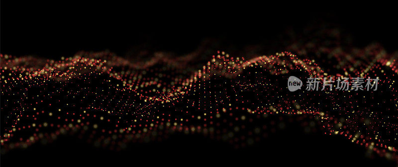 黄金颗粒波。抽象的技术流程背景。声音网格图案或网格景观。数字数据结构由点元素组成。未来的矢量图。