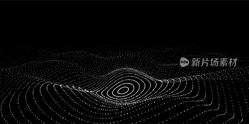 未来的波。向量黑暗的网络空间。抽象的音乐声波带点。黑色背景上的白色移动粒子。