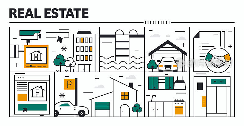 房地产矢量设计。设计是可编辑的，颜色可以改变。矢量创意图标集:协议，抵押贷款，房屋租赁，房地产代理，车库，建筑承包商。