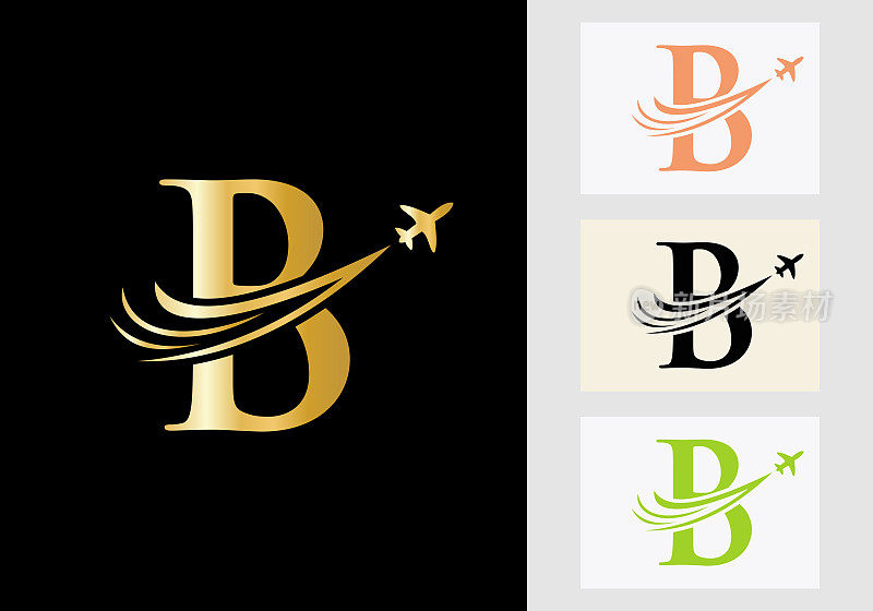 字母B旅行标志概念与飞行的飞机符号