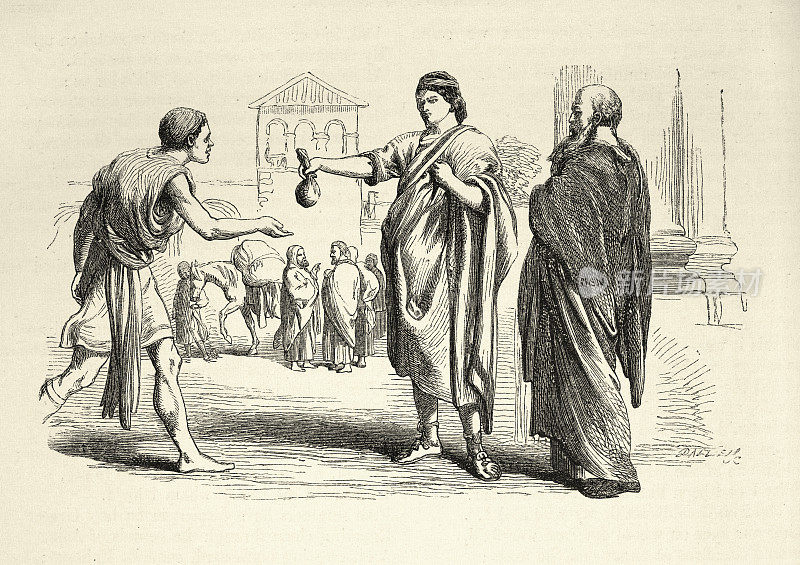 威廉・莎士比亚戏剧《错误的喜剧》的场景，一名男子递上一袋钱