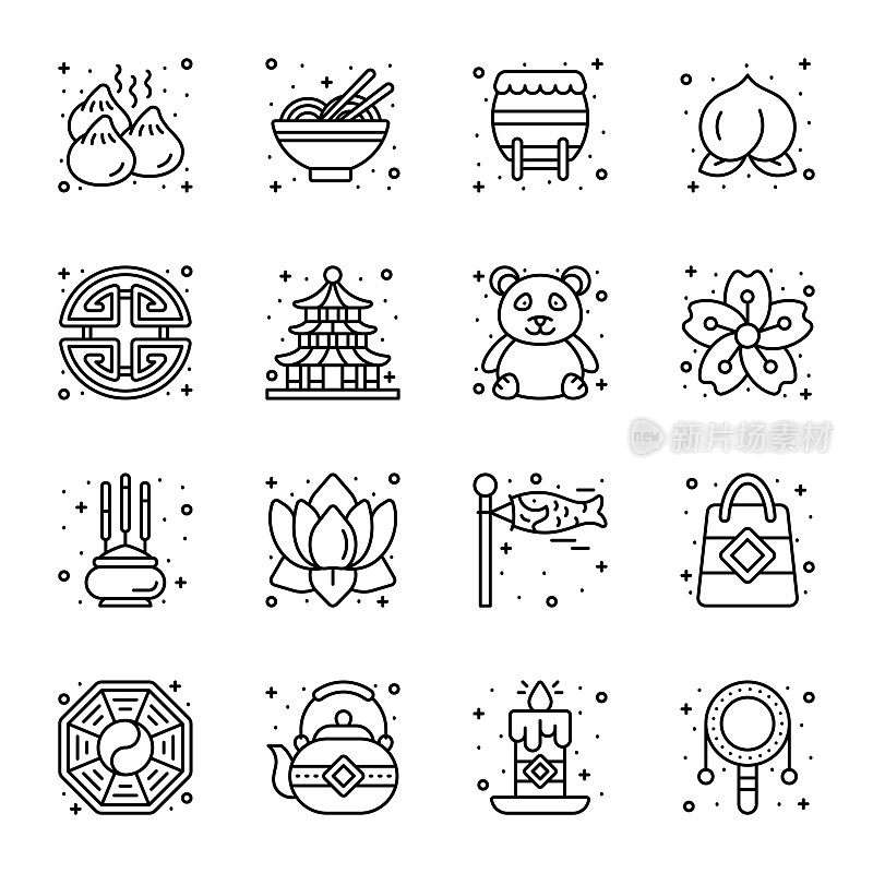 中国新年和文化图标集现代设计风格，易于使用和编辑矢量