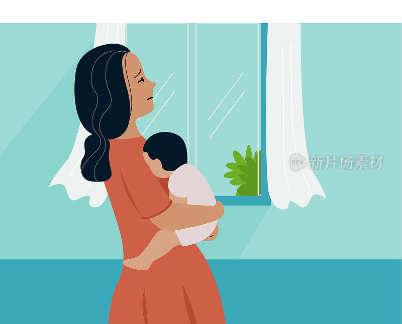 疲劳的母亲站在家里抱着她的孩子。产后焦虑和抑郁的概念，平面矢量插图。