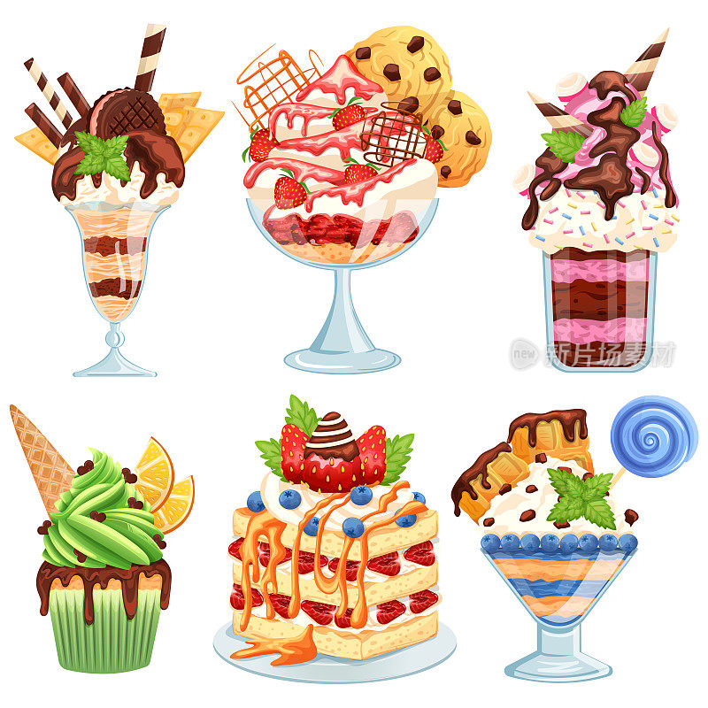 冰淇淋，蛋糕，饼干，华夫饼，浆果，奶油，果酱，巧克力，焦糖，薄荷，草莓，橘子片，蓝莓，棒棒糖。矢量插图。