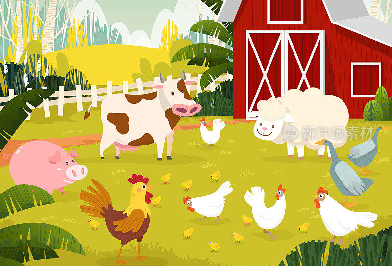 乡村动物农场与家庭农场和围栏矢量