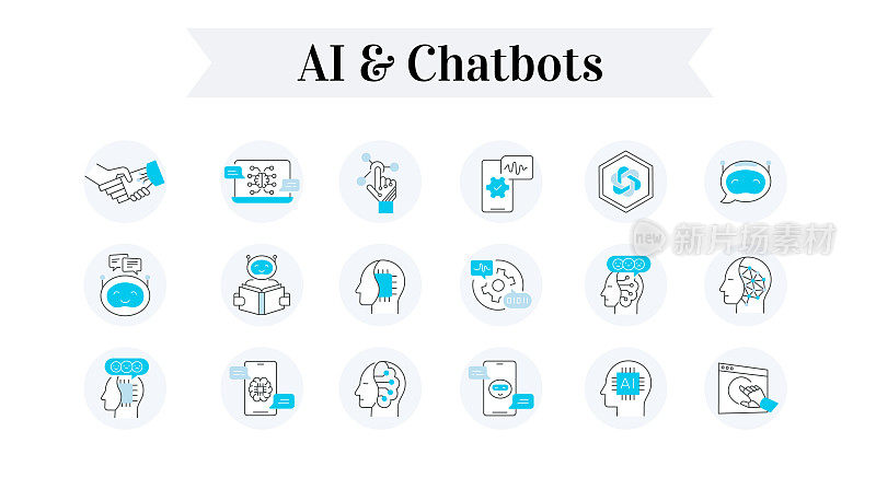 数字化转型的人工智能和聊天机器人图标集。通过人工智能和聊天机器人图标简化您的数字存在。矢量可编辑描边。