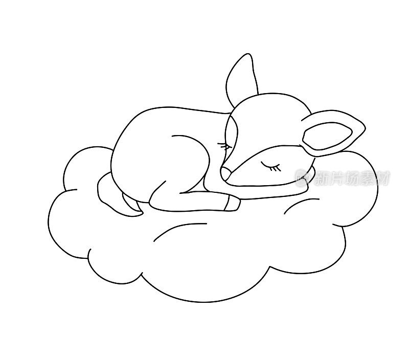 可爱的小鹿在云中做梦。卡通手绘矢量轮廓插图着色书。线宝宝动物