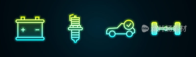 设置生产线汽车电池，火花塞，汽车服务检查汽车和底盘汽车。发光的霓虹灯图标。向量