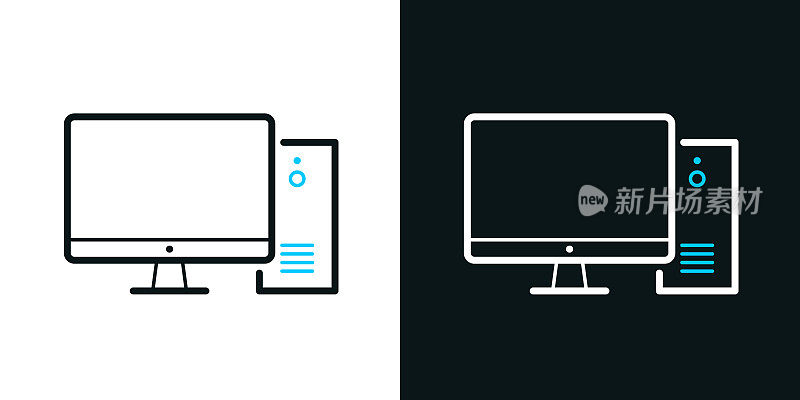 台式电脑。黑色或白色背景上的双色线图标-可编辑的笔画