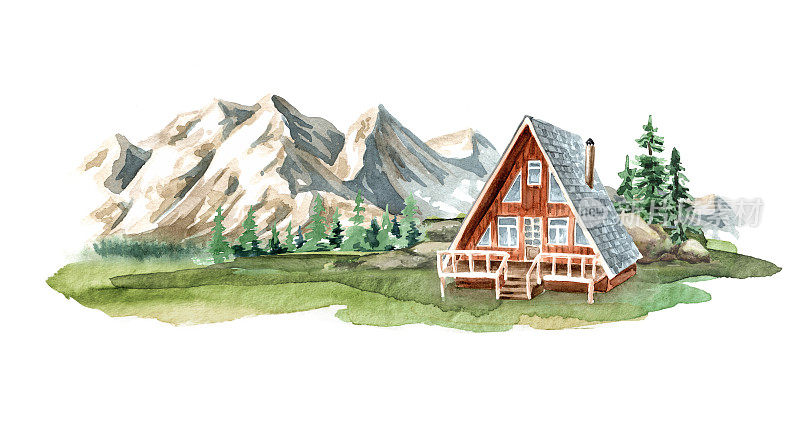靠近山的舒适的乡间小屋。手绘水彩插图，孤立在白色背景上