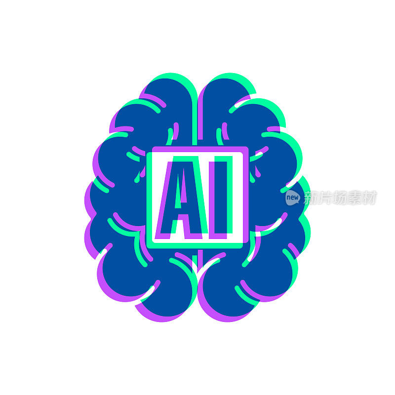 人脑与人工智能。图标与两种颜色叠加在白色背景上