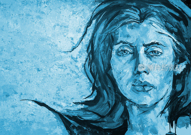 插图油画肖像的年轻女子与长黑发在蓝色