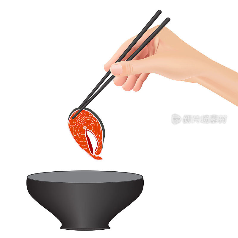 用筷子夹鲑鱼。日本料理，传统食物被隔离在白色的背景上。