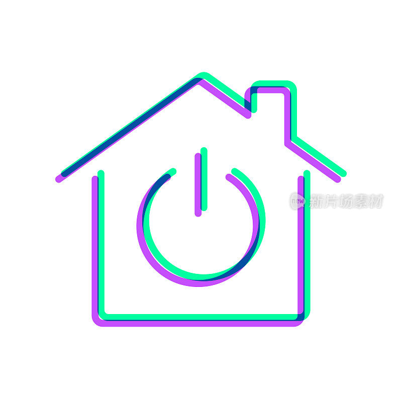 智能家居-有电源按钮的房子。图标与两种颜色叠加在白色背景上