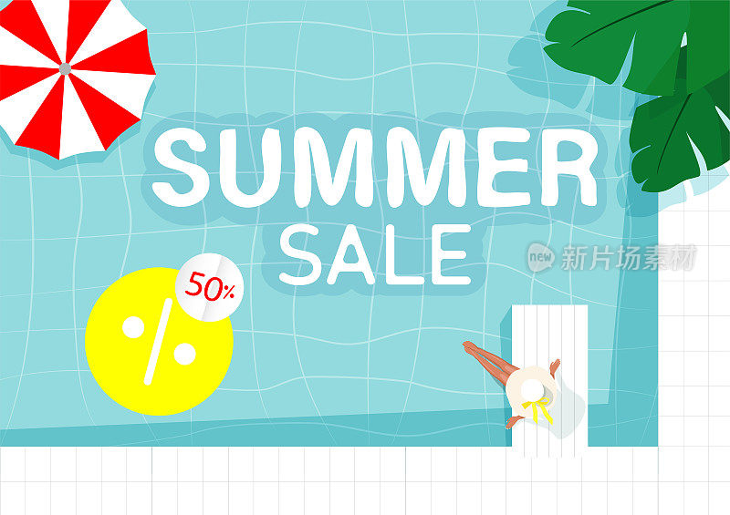 夏季销售矢量横幅与女孩在白色的游泳池