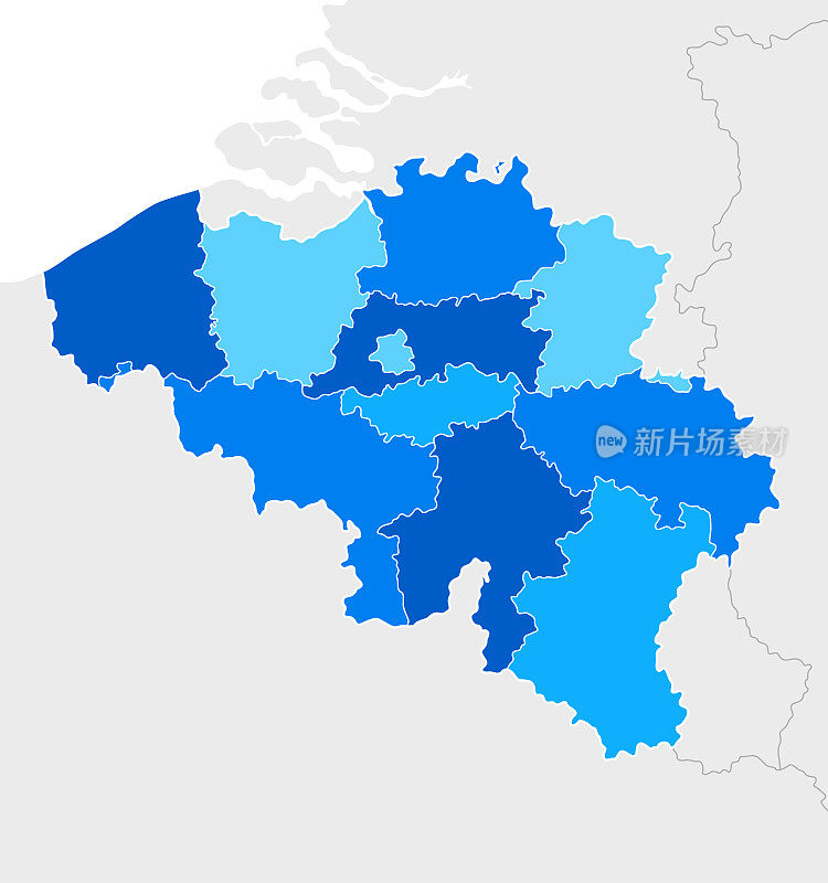高详细的比利时蓝色地图与地区和国家边界荷兰，德国，卢森堡，法国